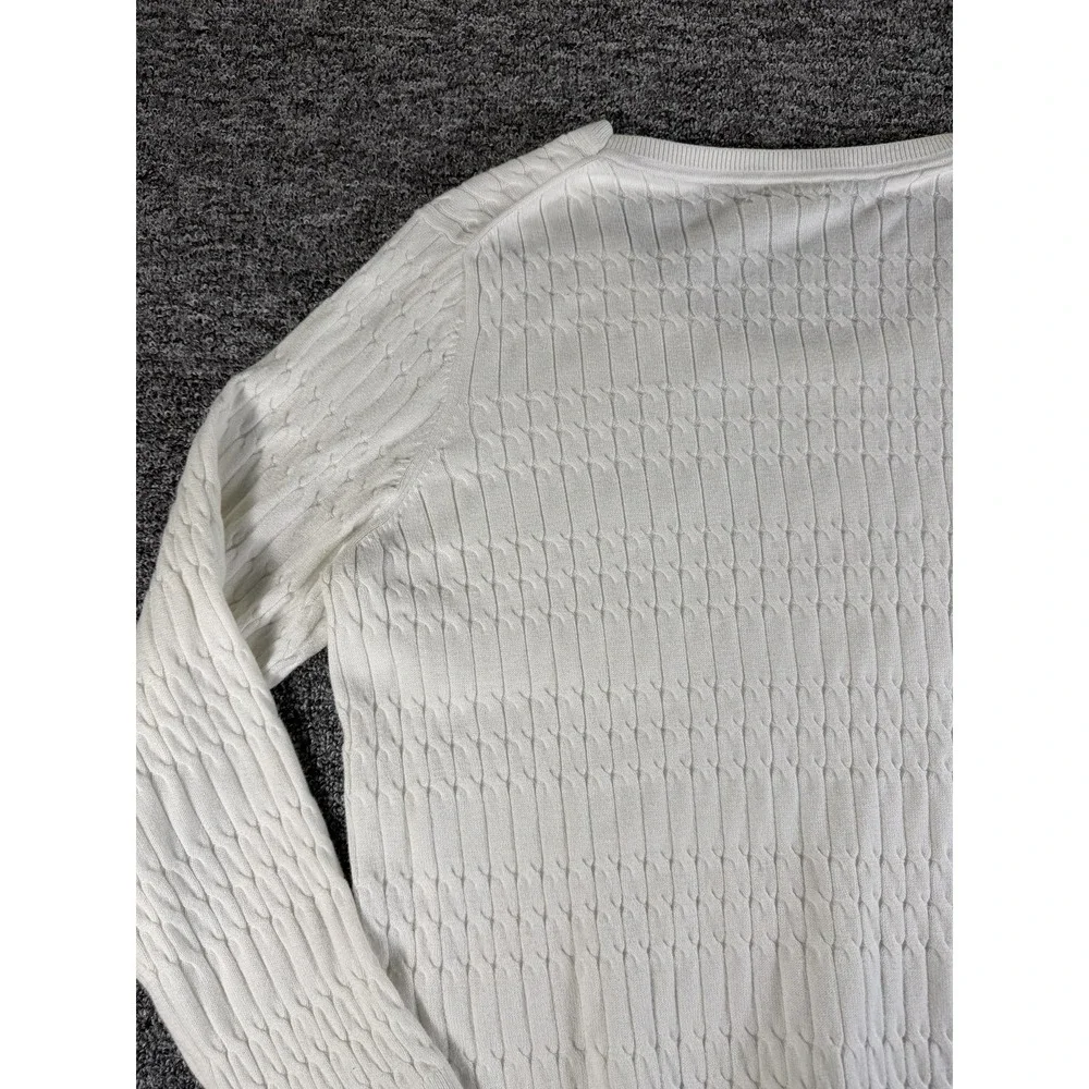 Tommy Hilfiger Sweater Womens XL White Logo Cable Knit Ribbed Hem Round Neck